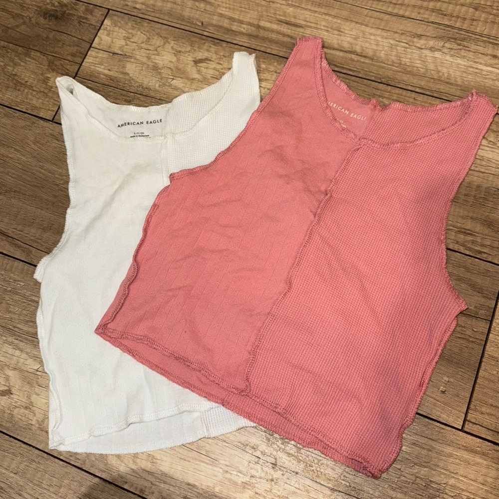 American Eagle Outfitters Pink and White Mixed Knit Crop Tops - Small